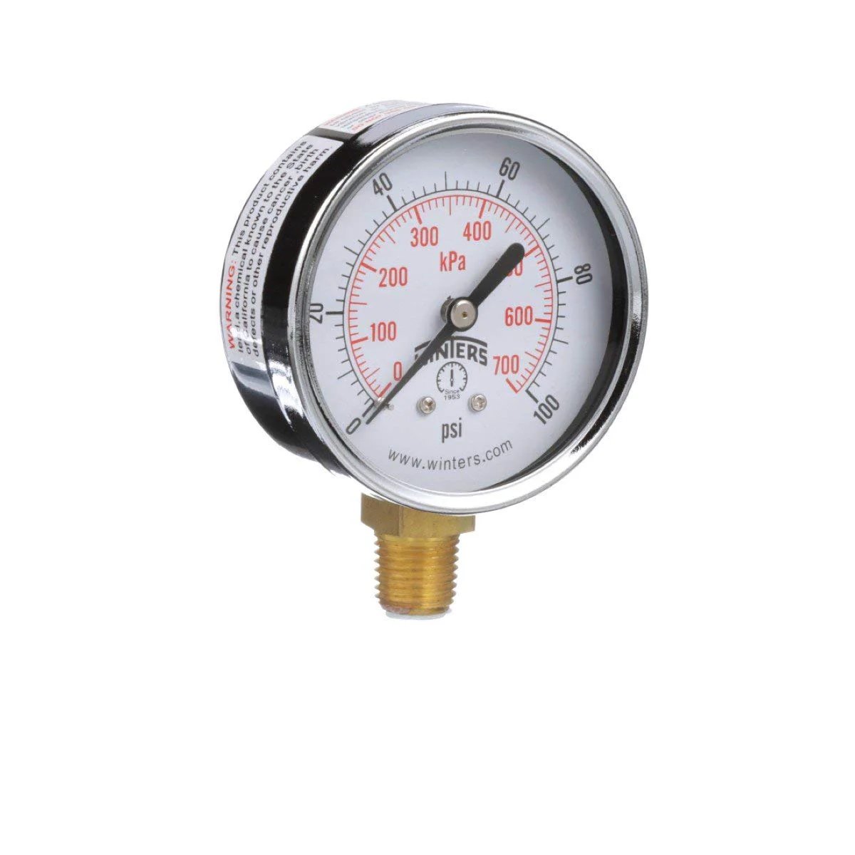 Two And One Half Inch Dial Size Multi Function Budget Friendly Utility Dry Pressure Gauge With Brass Internals And Steel Case Dual Scale Psi And KPa Plus Hg Vac Readout Bottom Mount One Quarter Inch NPT For Non Corrosive Liquids And Gases, front view.