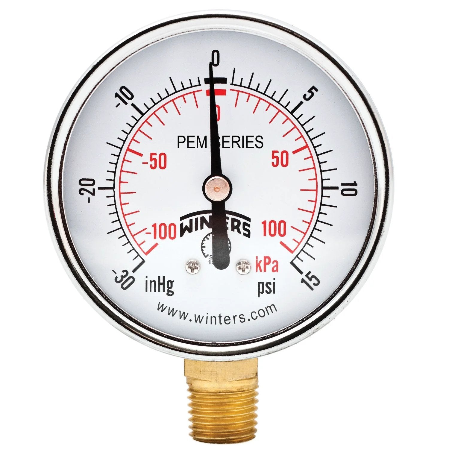 Two And One Half Inch Dial Size Multi Function Budget Friendly Utility Dry Pressure Gauge With Brass Internals And Steel Case Dual Scale Psi And KPa Plus Hg Vac Readout Bottom Mount One Quarter Inch NPT For Non Corrosive Liquids And Gases - Front View