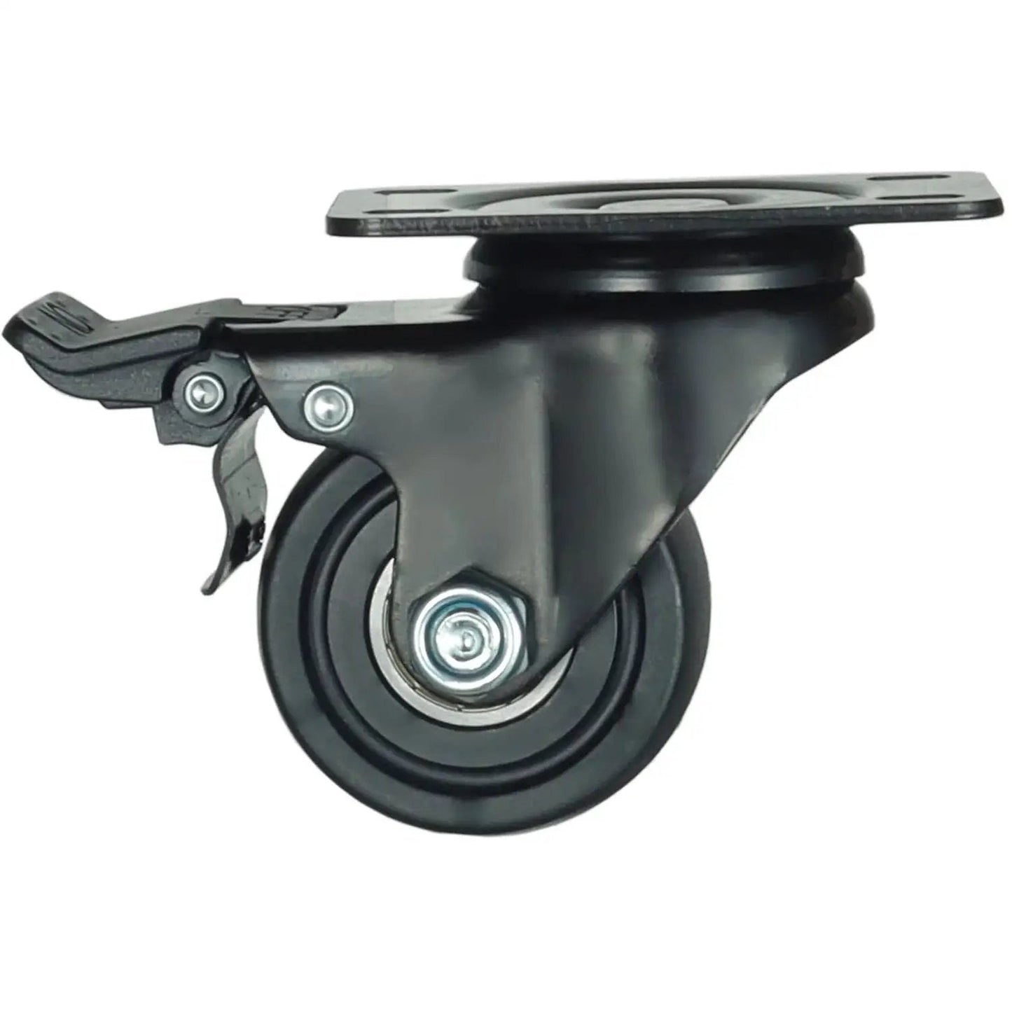 Side view of 2.5 Inch Heavy Duty Plate Casters with 360 Degree Swivel Top Plate Nylon Wheels 1500 Lbs Load Capacity including brake