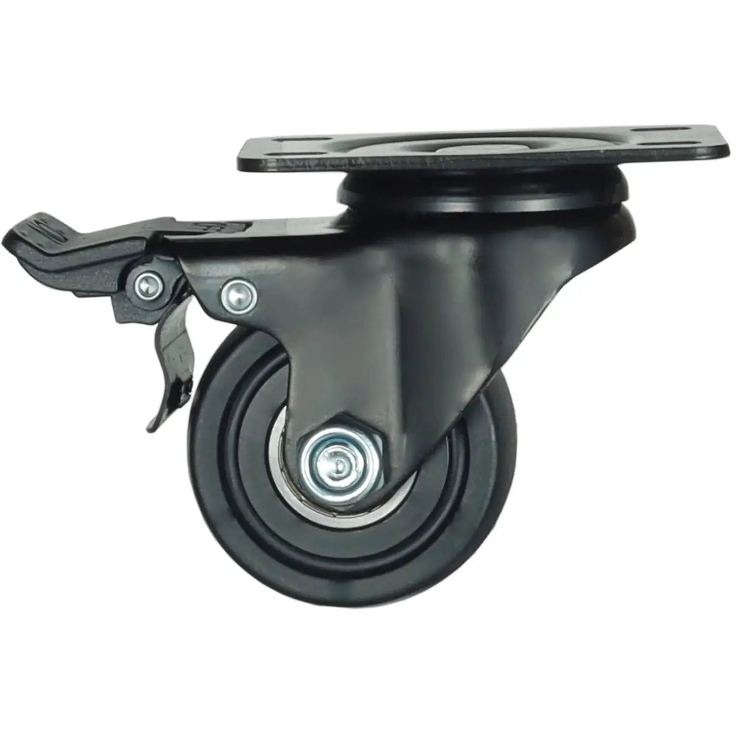 Side view of 2.5 Inch Heavy Duty Plate Casters with 360 Degree Swivel Top Plate Nylon Wheels 1500 Lbs Load Capacity including brake