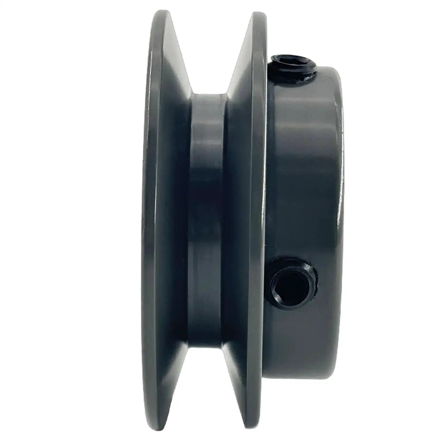 Side view of a Two And A Half Inch Outer Diameter One Groove V Belt Pulley For A 3L And 4L Belts Cast Iron Sheave With One Half Inch Bore AK2512 Pulley Static Balanced And Rust Resistant Finish Beefy Built To Last.