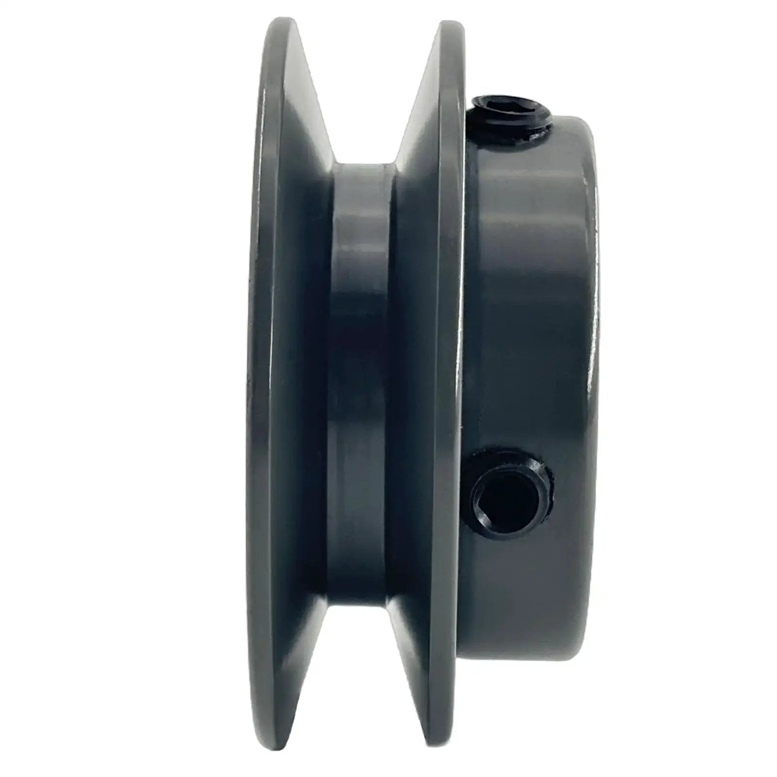 Side view of a Two And A Half Inch Outer Diameter One Groove V Belt Pulley For A 3L And 4L Belts Cast Iron Sheave With One Half Inch Bore AK2512 Pulley Static Balanced And Rust Resistant Finish Beefy Built To Last.