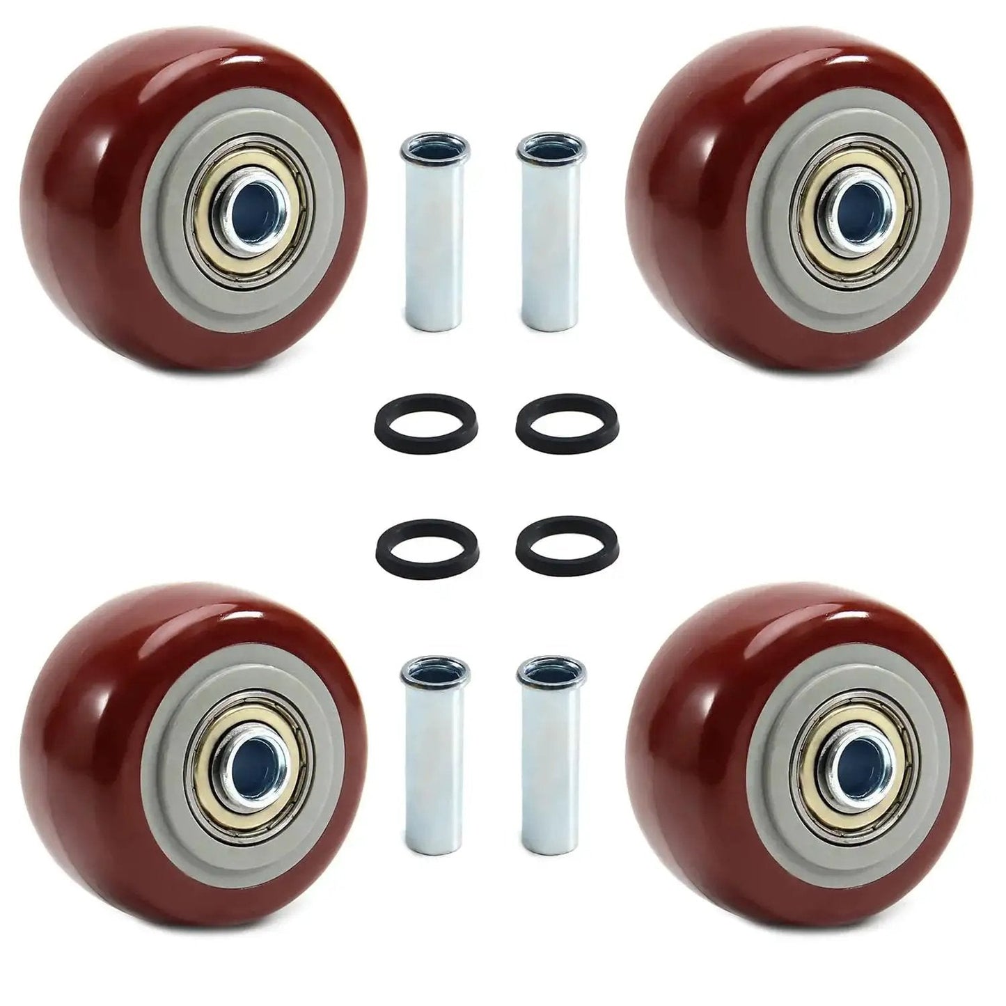 2.5 Inch Caster Wheels Set 4 Heavy Duty Lockable Bearing Plate Casters For Platform Trucks Carts Furniture And Workbenches Up To 220 Lbs 100 Kg Polyurethane Wheels Smooth Quiet Rolling visible with red polyurethane wheels and metal bearings.