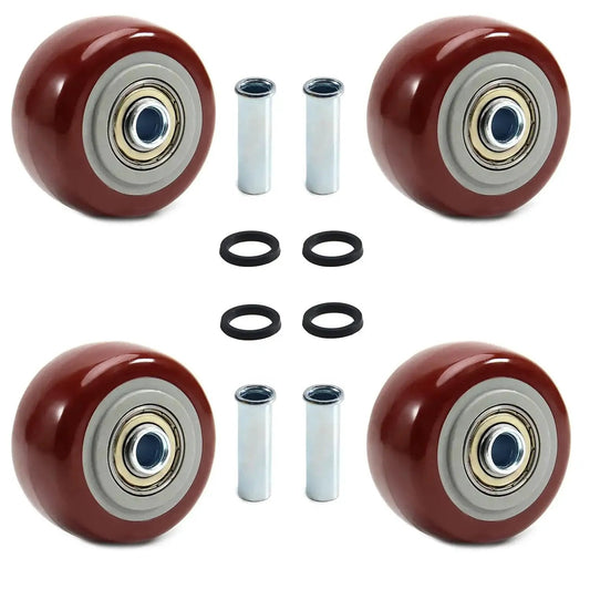 2.5 Inch Caster Wheels Set 4 Heavy Duty Lockable Bearing Plate Casters For Platform Trucks Carts Furniture And Workbenches Up To 220 Lbs 100 Kg Polyurethane Wheels Smooth Quiet Rolling visible with red polyurethane wheels and metal bearings.