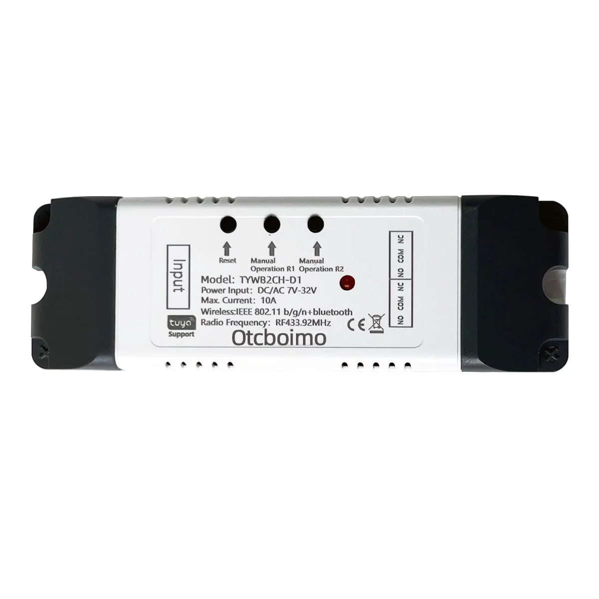 Back view of 2 Channel WiFi Bluetooth Smart Relay Switch For DC12V 24V Actuators And Devices Tuya Smart Compatible, showing input ports and specs.