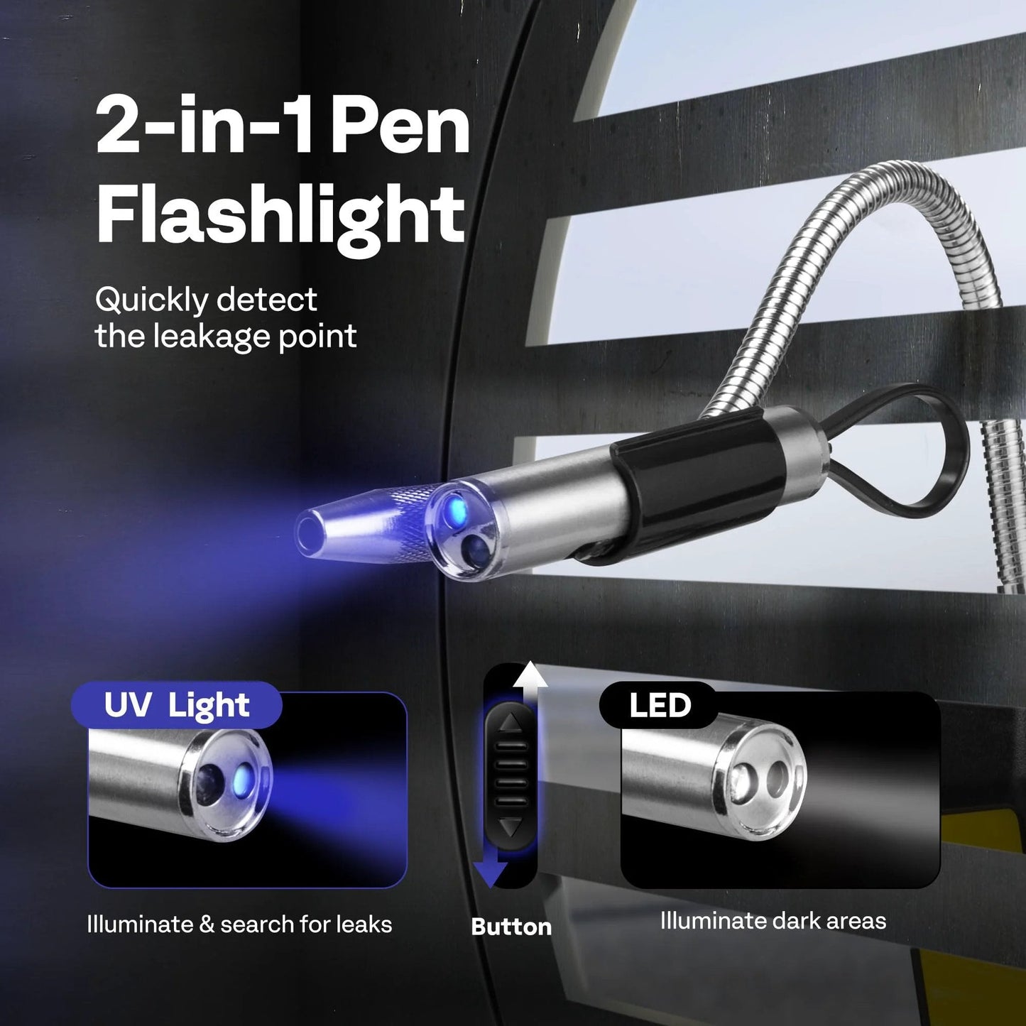 2-in-1 Pen Flashlight with UV light and LED for detecting leaks, featuring a button for easy operation and a flexible design.