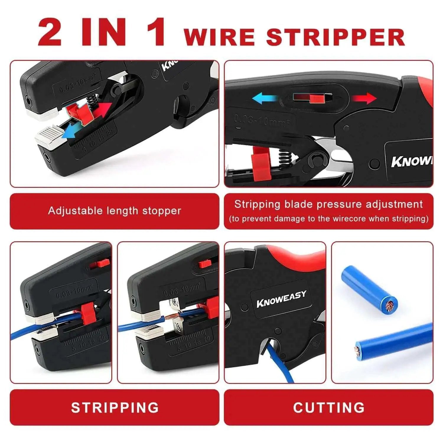 Heavy Duty Wire Stripper And Cutter Two In One For 7 To 32 AWG Wires with adjustable length stopper and blade pressure adjustment