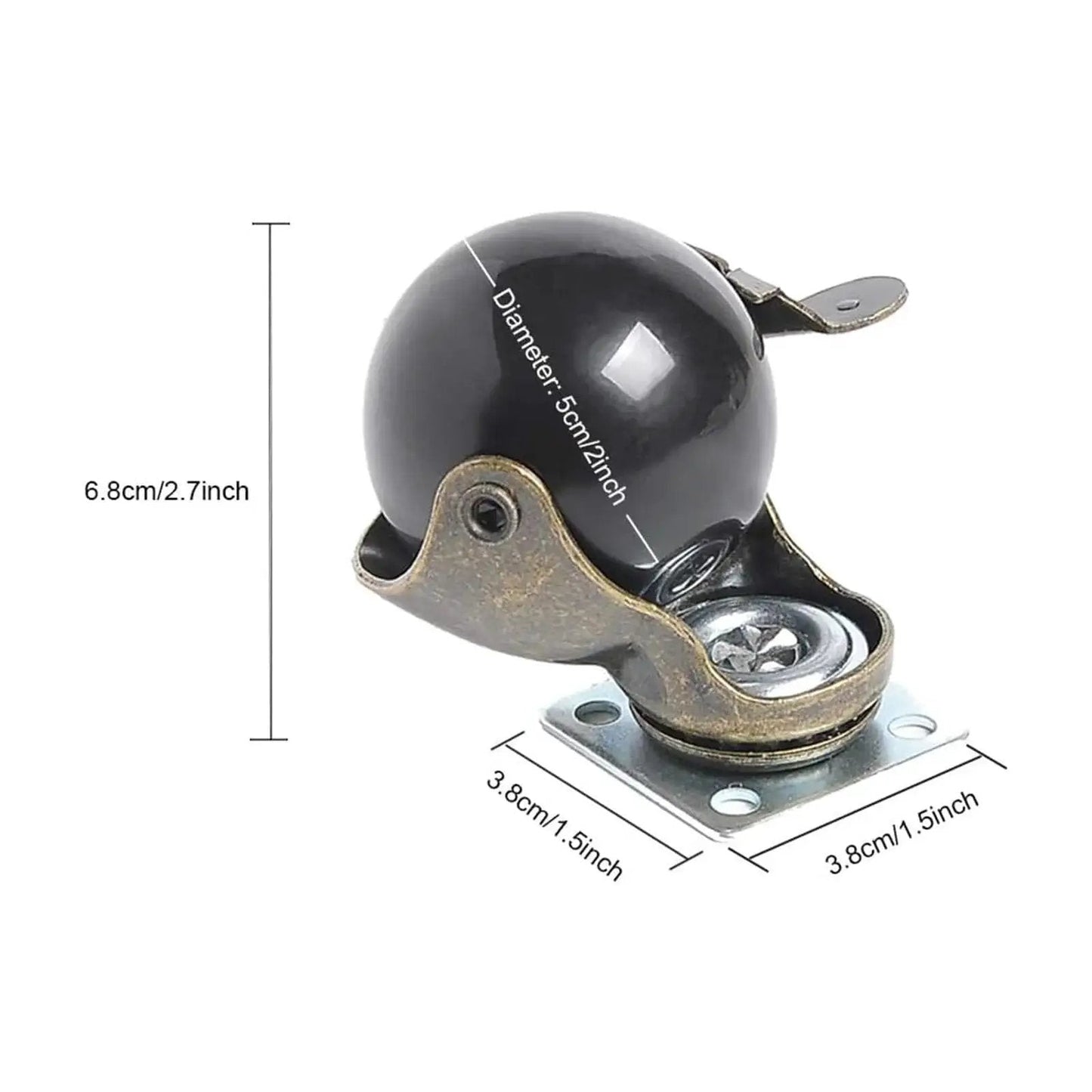 2 Inch Antique Brass Ball Casters With Brake Set Of 4 Heavy Duty Swivel Plate Casters, side view with dimensions, vintage design wheel.