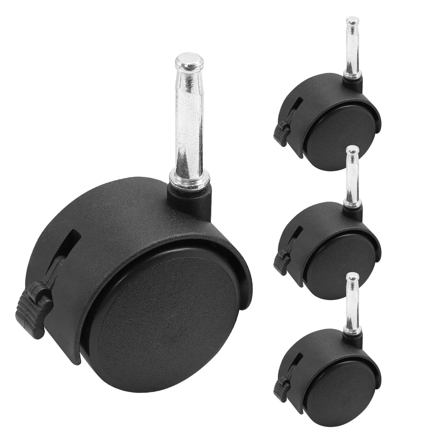 4pcs 2 Inch Swivel Caster Wheels with M8 Grip Neck Stem and Brake, black nylon, shown in set of four