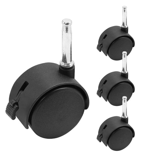 4pcs 2 Inch Swivel Caster Wheels with M8 Grip Neck Stem and Brake, black nylon, shown in set of four