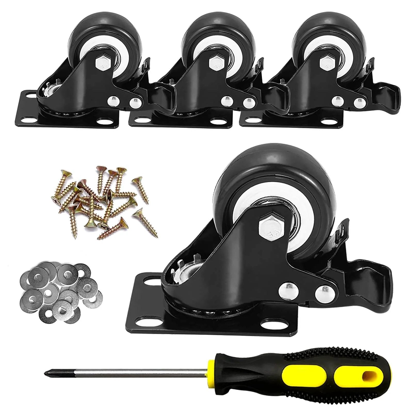 2 Inch Caster Wheels Heavy Duty Set of 4 Locking Swivel Casters with Top Plate Non Marking Black TPR Wheels with screws, washers, and screwdriver