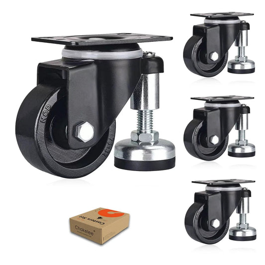 2 Inch Leveling Plate Caster Wheels With Adjustable Anti Vibration Leveling Feet, Heavy Duty Swivel Casters With Non Marking Polyurethane Wheels, Double Ball Bearings, Ideal For Workbenches, Machinery, And Furniture, Set Of 4, Total Capacity 480 Lbs