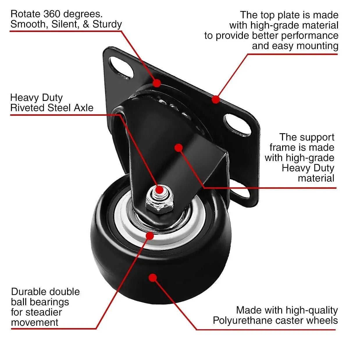Close-up of black polyurethane 2 inch caster wheel with swivel plate, highlighting features like steel axle, for furniture and carts.