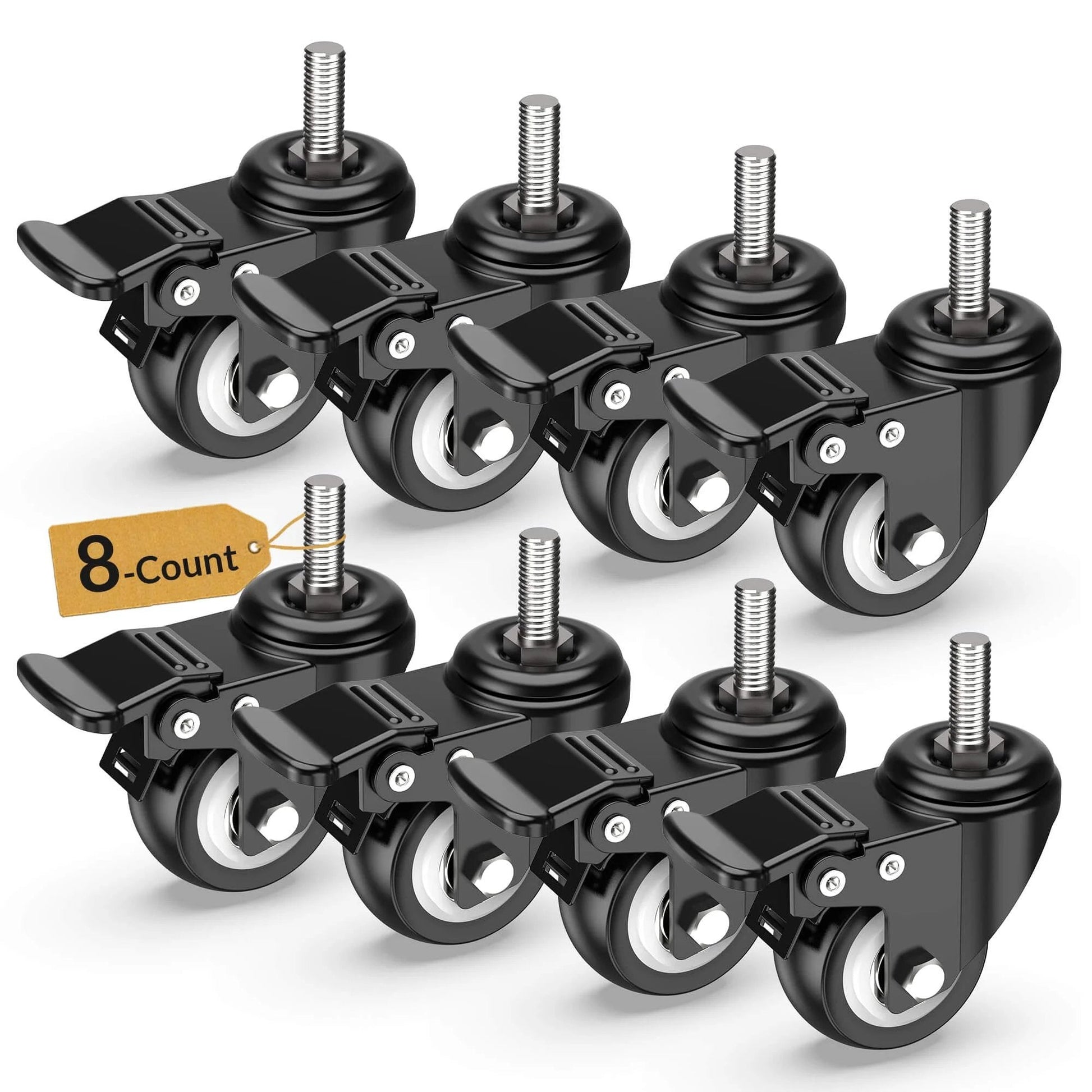 2 Inch Stem Caster Wheels Total Locking Heavy Duty Swivel Castors with 3/8 Inch 16 x 1 Threaded Stem Steel Housing PVC Wheels Black 8 Pack