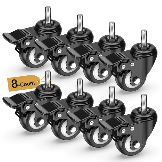 2 Inch Stem Caster Wheels Total Locking Heavy Duty Swivel Castors with 3/8 Inch 16 x 1 Threaded Stem Steel Housing PVC Wheels Black 8 Pack
