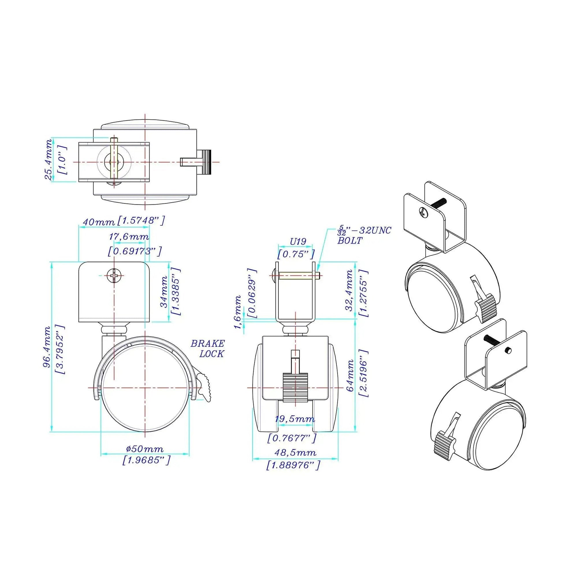 Technical drawing of 2 Inch Wheel Diameter Hooded Twin Wheel Caster with Brake and U Clip Stem for Heavy Duty Furniture installation.