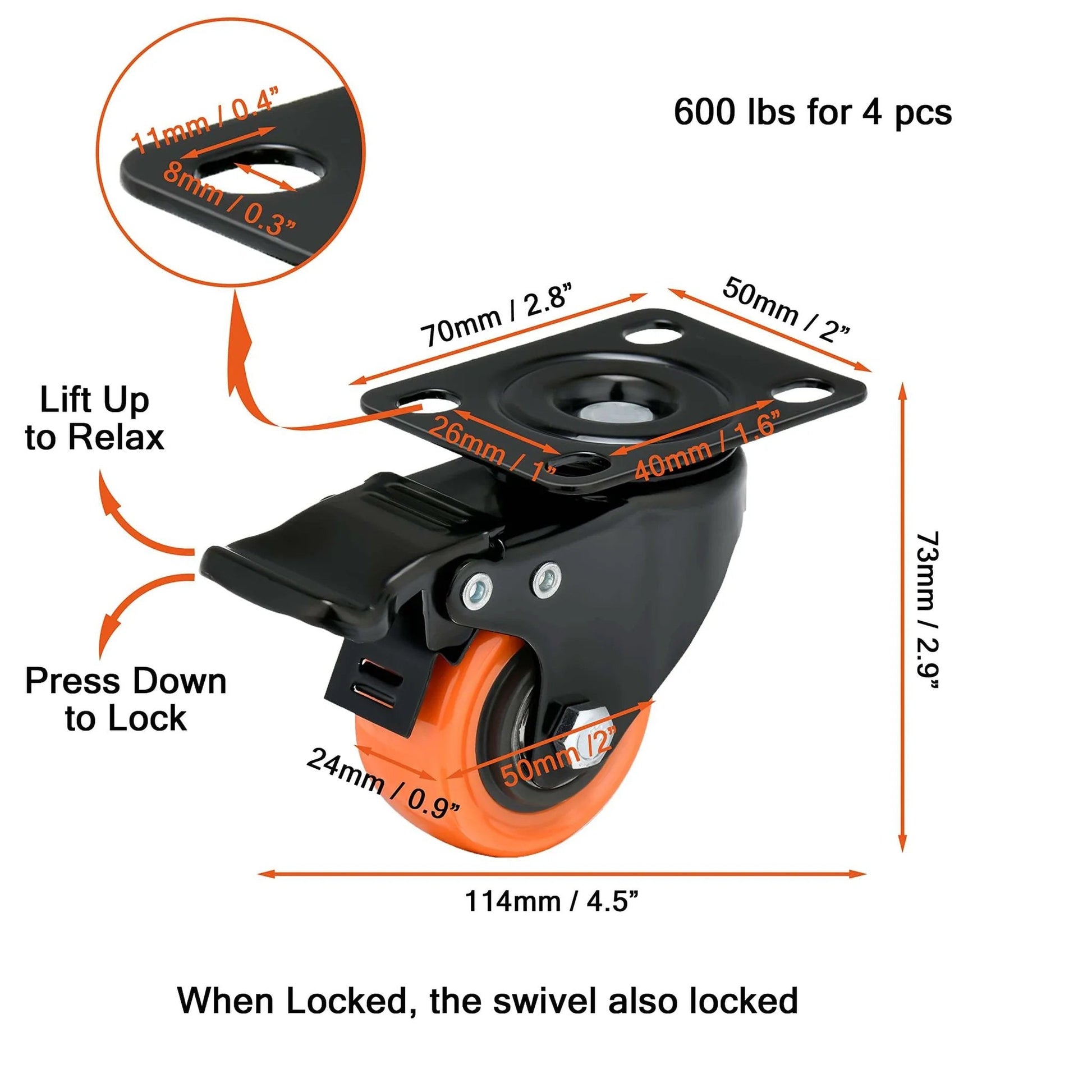 2 inch heavy duty caster wheels set of 4 with locking brakes orange polyurethane top plate swivel casters rated 600 lb total