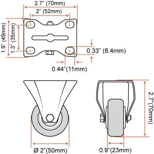 Technical diagram of 4 Pack 2 Inch Caster Wheels With Dual Locking Brakes 2 Rigid Non Swivel Fixed And 2 Swivel With Brakes