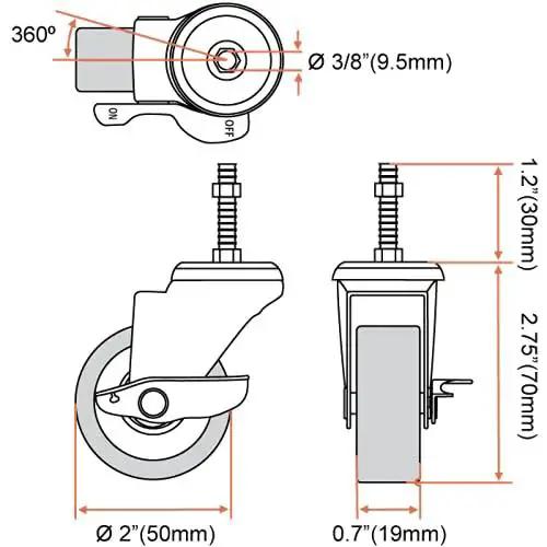 Diagram of 2 Inch Grey Caster Wheel Threaded Stem Mount 3/8 To 1.2 Inch, Dual Locking Brake Locks Both Wheel And Swivel, 360 Degree Swivel