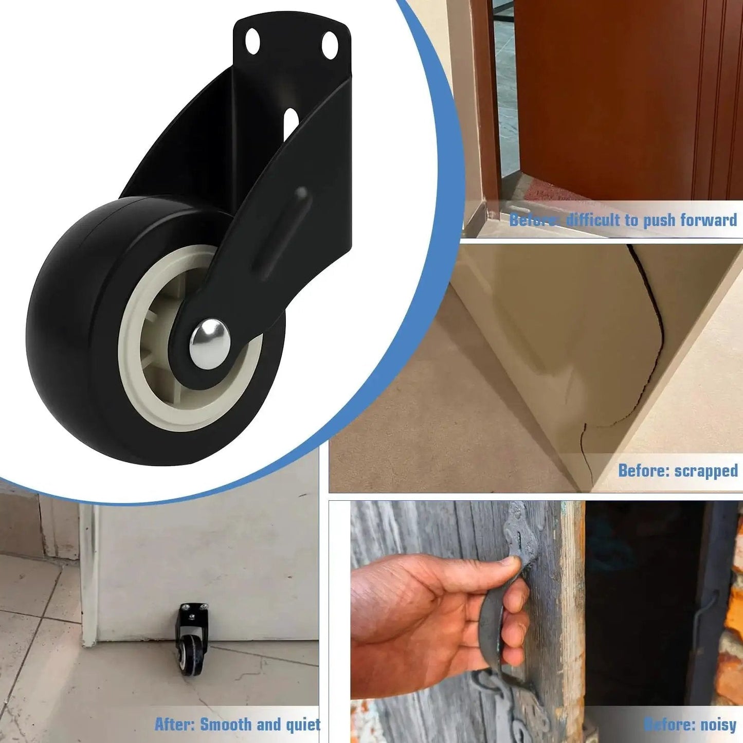 4 Pack 2 Inch Gate Wheels for Wooden Gates with Side Mount Casters Anti Sag Door Bottom Support showing installed wheel and use cases