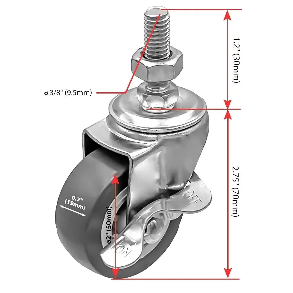 2 Inch Grey Caster Wheel Threaded Stem Mount 3/8 To 1.2 Inch, Dual Locking Brake Locks Both Wheel And Swivel, 360 Degree Swivel