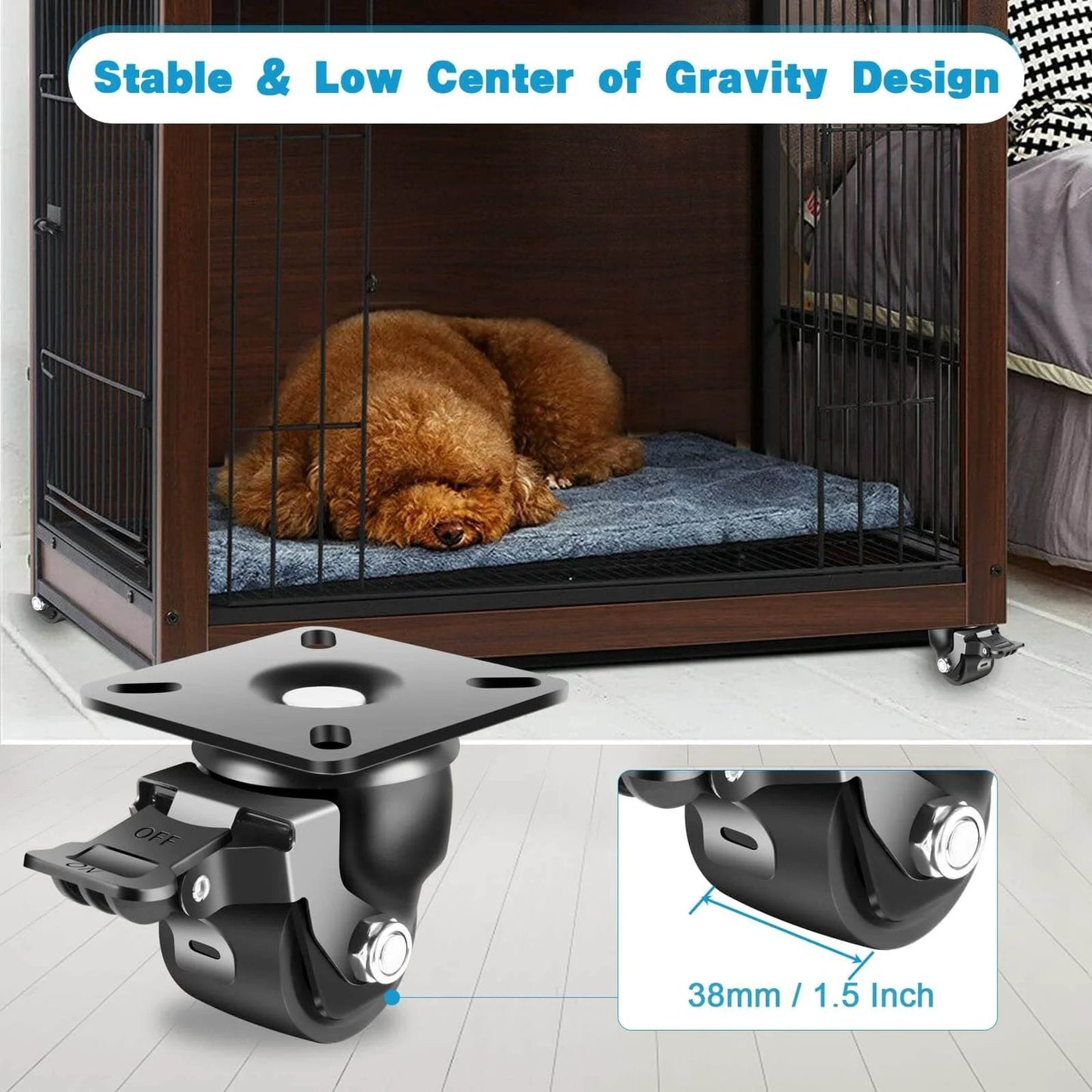2-Inch Heavy Duty Casters Set of 4, Industrial Grade Castors Wheels 2200 LBS, low gravity plate, detailed close-up with brake.