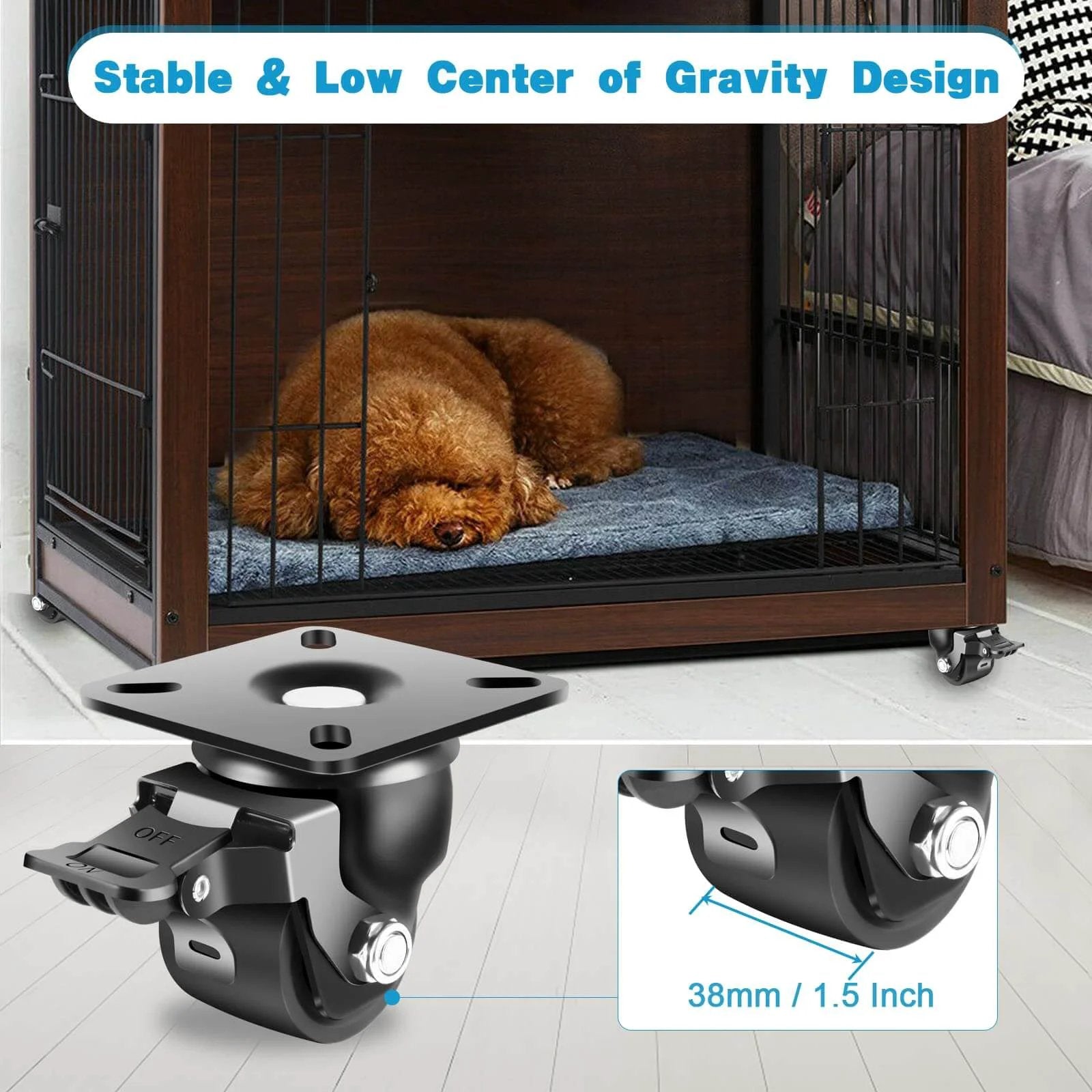 2-Inch Heavy Duty Casters Set of 4, Industrial Grade Castors Wheels 2200 LBS, low gravity plate, detailed close-up with brake.