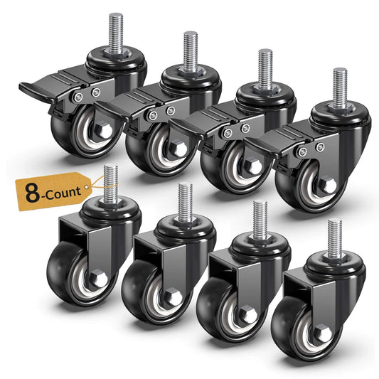 8-pack 2 Inch Stem Caster Wheels Total Locking Set of 8 Heavy Duty Swivel Casters with 3/8 Inch 16 x 1 Threaded Stem, Black PVC Wheels