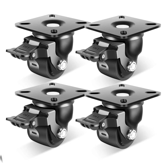 2-Inch Heavy Duty Casters Set of 4, Industrial Grade Castors Wheels 2200 LBS, Low Gravity Plate Swivel Caster with Brake, Nylon Wheels