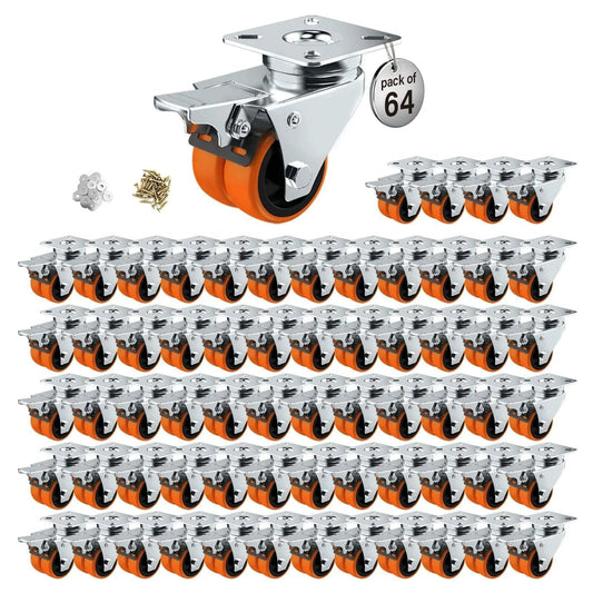 2 inch caster wheels set of 64, heavy duty double wheeled orange TPE casters with brake, swivel plate locking castor wheels for all kinds of furniture
