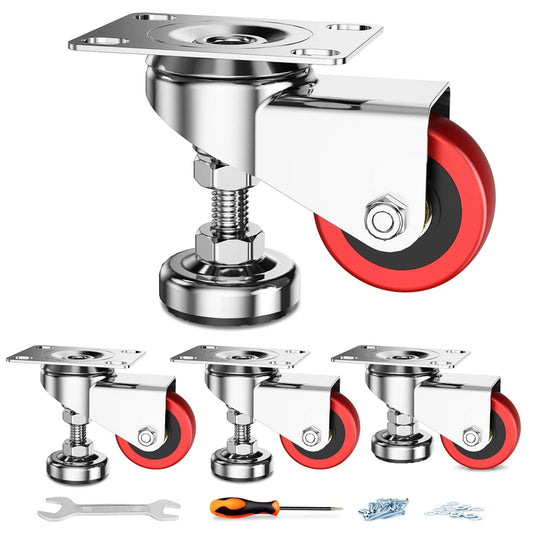 2 Inch Leveling Plate Caster Wheels With Adjustable Anti Vibration Leveling Feet Heavy Duty Swivel Casters For Workbenches Machines And Furniture Red Set Of 4 Featuring Double Ball Bearings And Non Marking Polyurethane Wheels For A Capacity Of 1100 Lbs