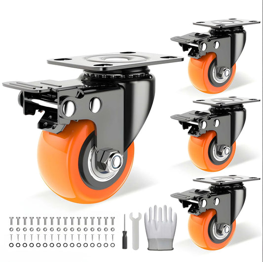 2 inch heavy duty caster wheels set of 4 with locking brakes silent swivel casters polyurethane wheels steel housing rated 800 lb total