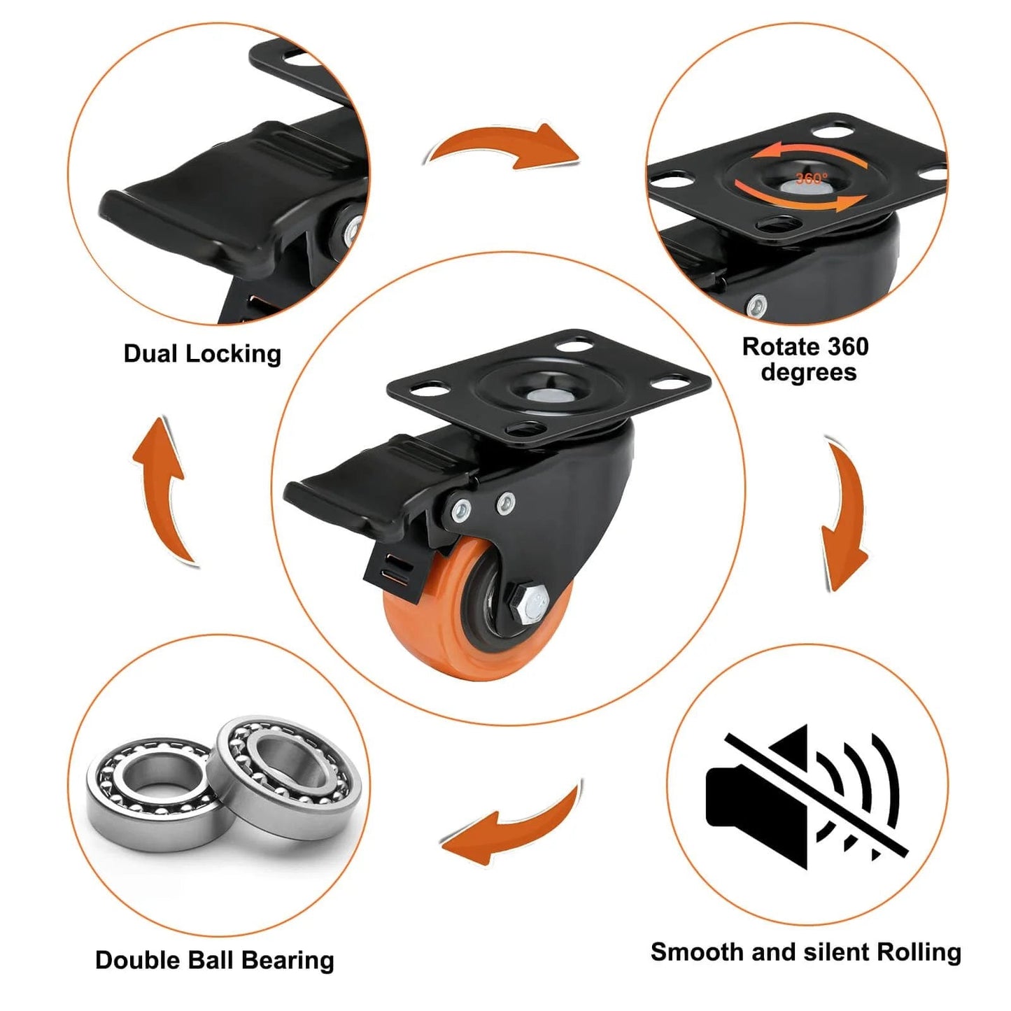 2 inch heavy duty caster wheels set of 4 with locking brakes, orange polyurethane, showing dual locking and silent rolling features