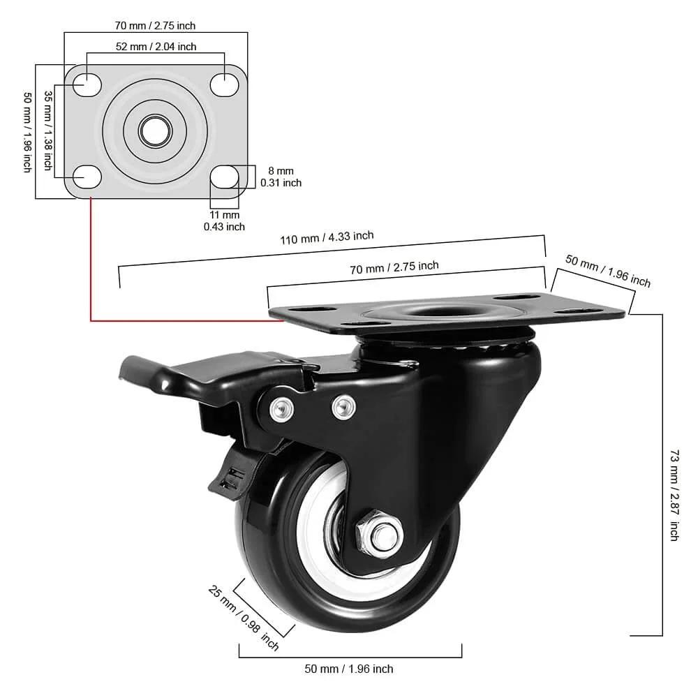 Diagram of 2 Inch Caster Wheels Heavy Duty Set of 4 Locking Swivel Casters with Top Plate Non Marking Black TPR Wheels