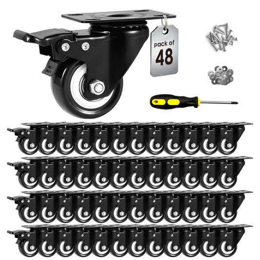 2 inch heavy duty swivel caster wheels with brake in a 48 pack, quiet polyurethane locking casters designed for furniture and workbenches