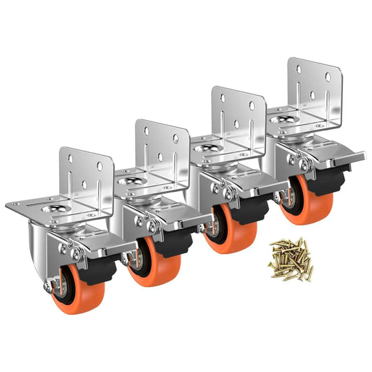 2-Inch L-Shaped Side Mount Caster Wheels Set Of Four Heavy Duty Casters With Brake Double Bearing Polyurethane Wheels For Furniture Cabinets