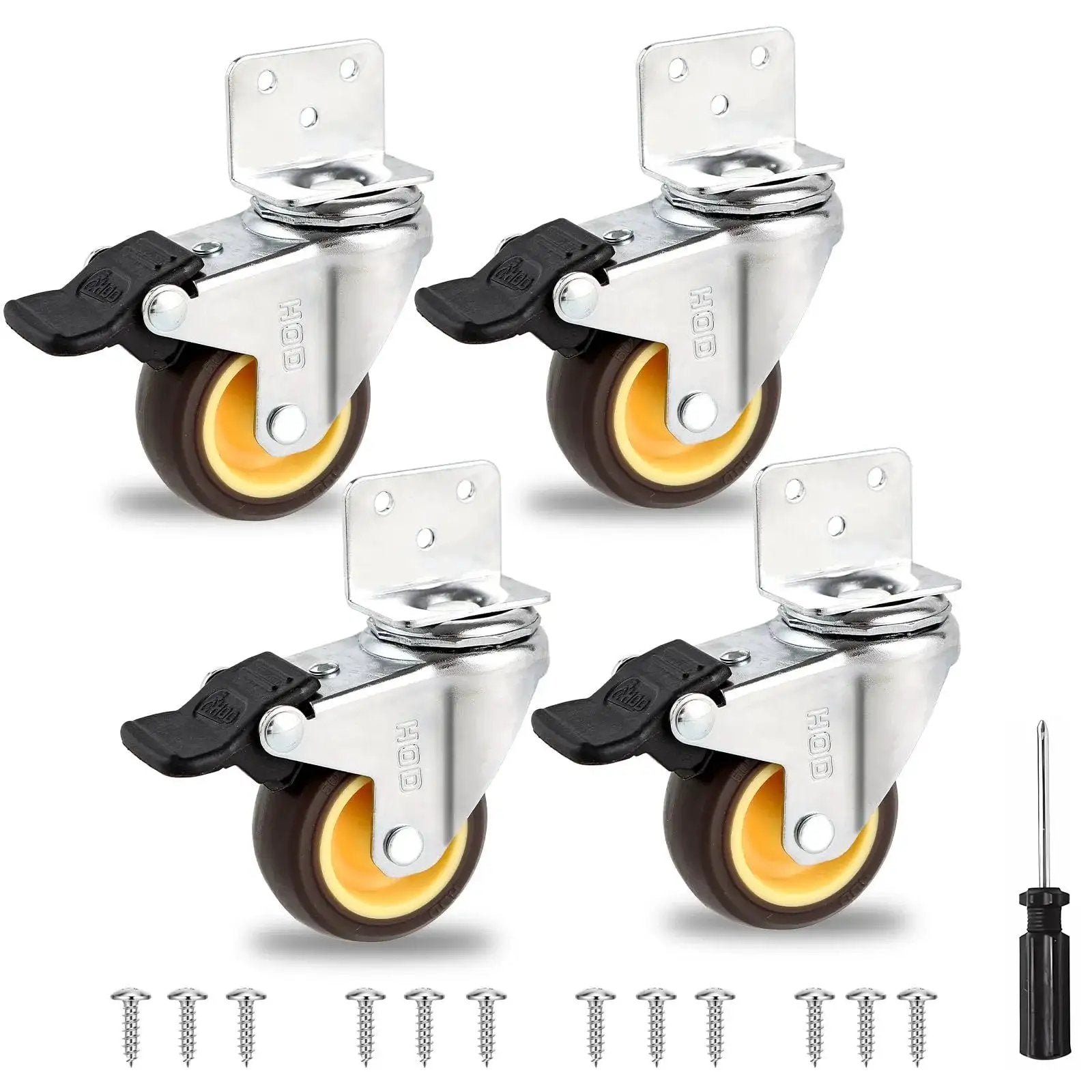 Set of 4 side mount casters with brake, 2-inch L-shaped swivel wheels, screws and screwdriver, for tables and cabinets, 180 lbs capacity.