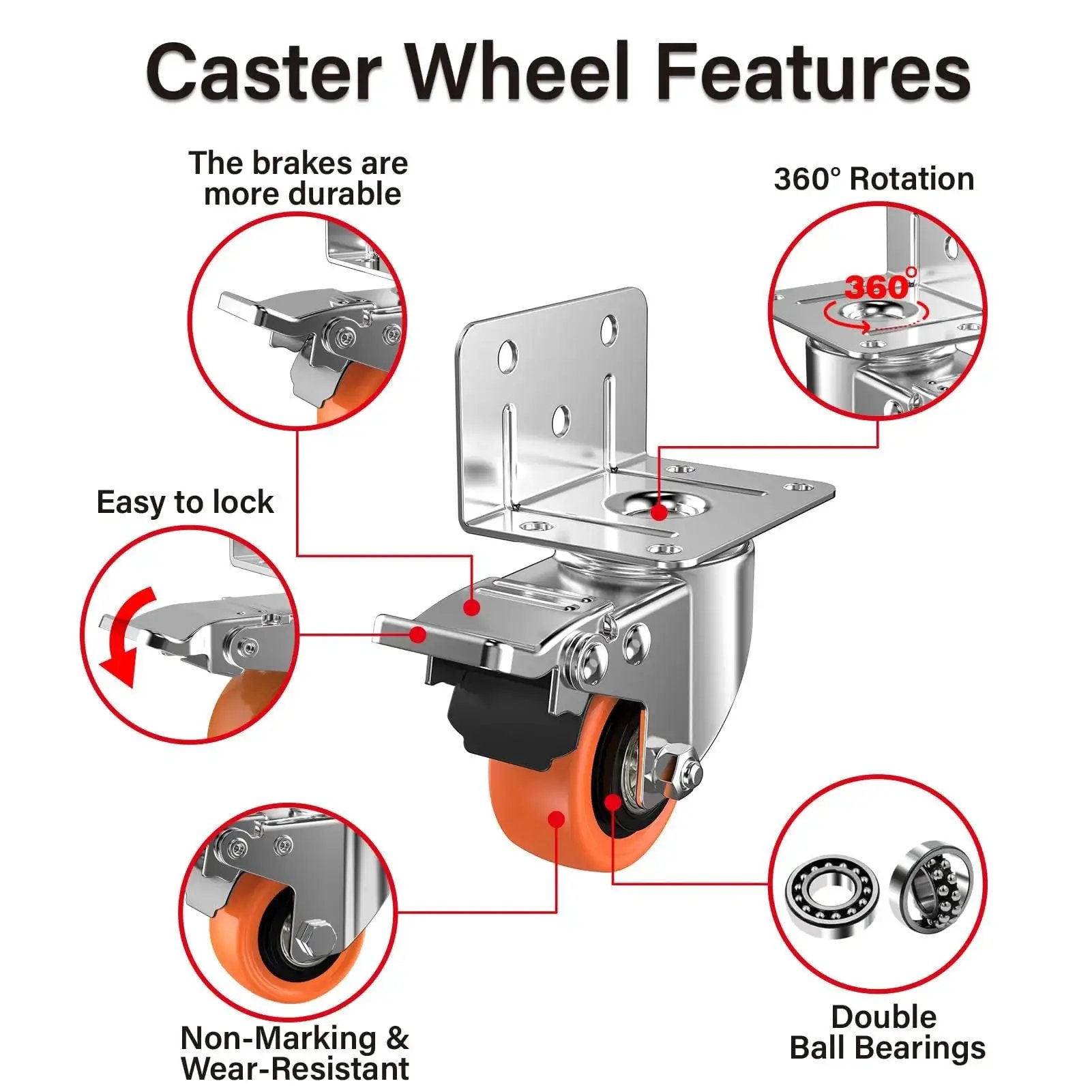 2-Inch L-Shaped Side Mount Caster Wheels Set Of Four Heavy Duty Casters With Brake Double Bearing Polyurethane Wheels features