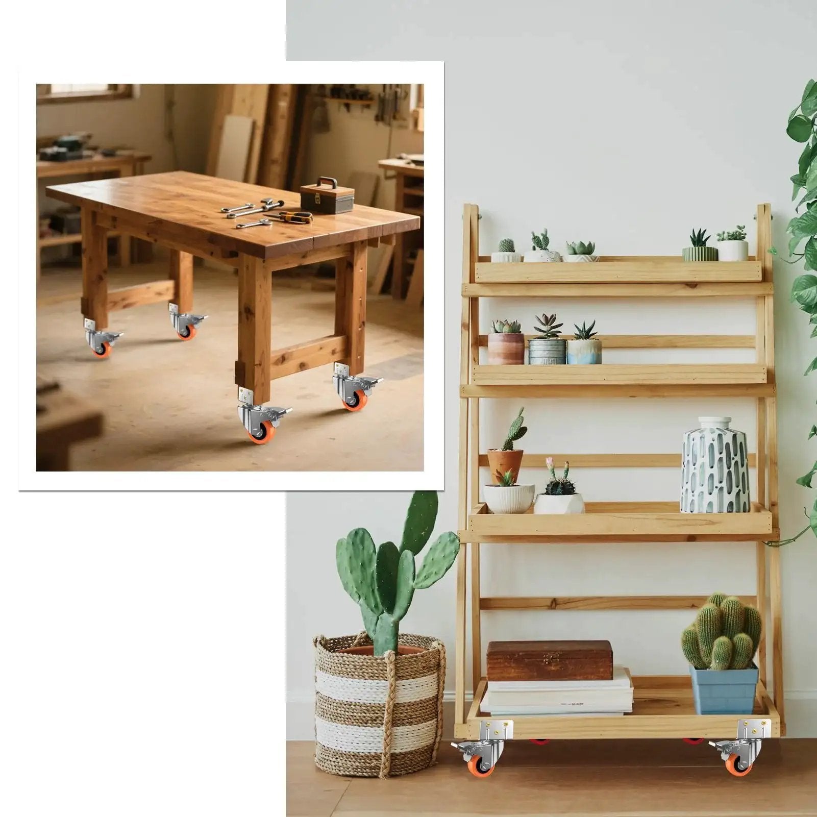 2-Inch L-Shaped Side Mount Caster Wheels Set Of Four Heavy Duty Casters With Brake installed on wooden furniture.