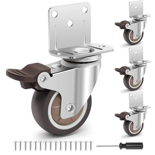 2 Inch Side Mount Casters Set of 4 L Shaped Silent Rubber Swivel Wheels with Brakes 600 Lbs Load Capacity and screws