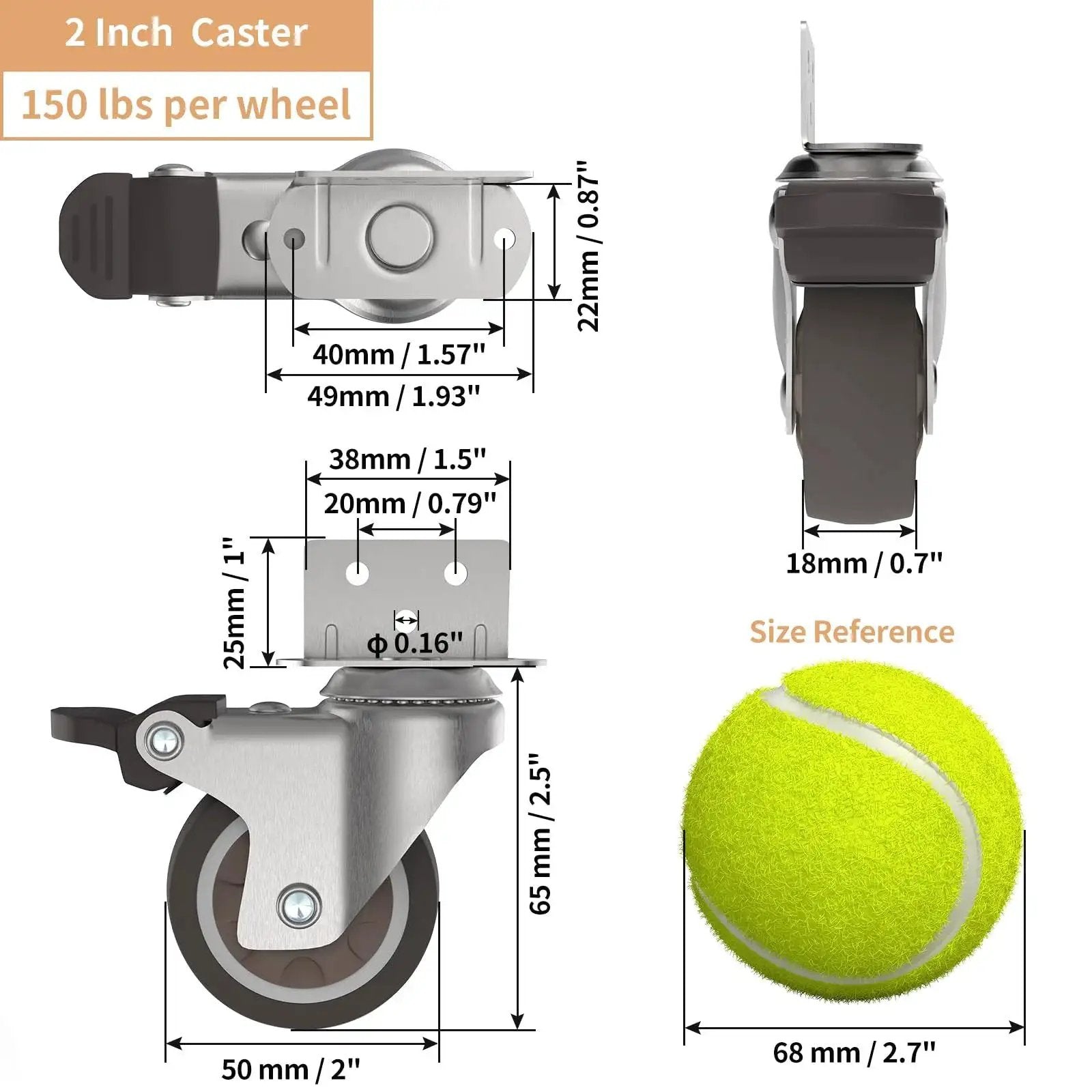 Diagram of 2 Inch L Shaped Swivel Plate Casters With Brakes, TPR Silent Furniture Wheels, 600 Lb Total Load compared to tennis ball size.