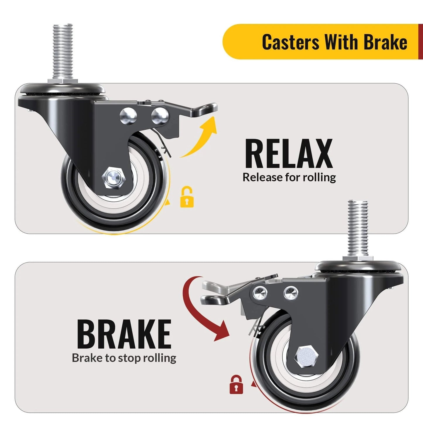 Diagram showing locking mechanism of 2 Inch Stem Caster Wheels Total Locking Set of 8 Heavy Duty Swivel Casters with 3/8 Inch 16 x 1 Threaded Stem.
