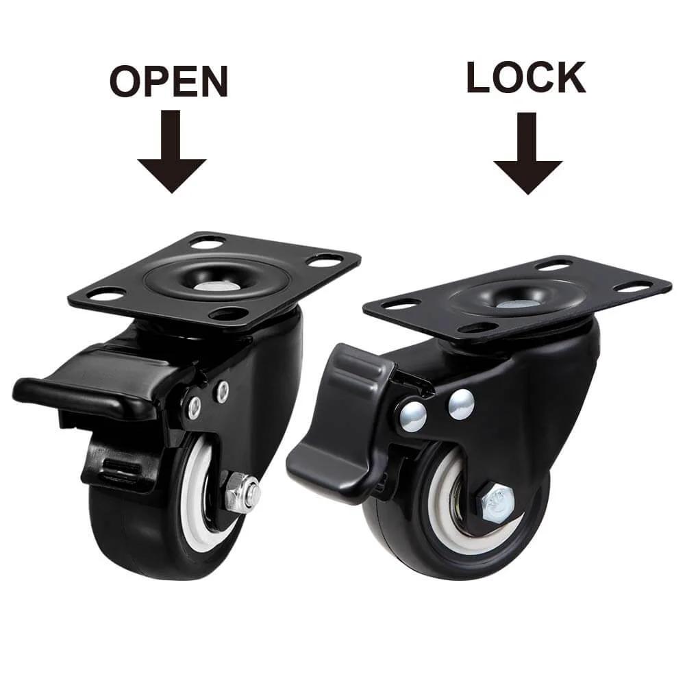 2 Inch Caster Wheels Heavy Duty Set of 4 Locking Swivel Casters with Top Plate, non-marking black TPR wheels, showing open and lock positions
