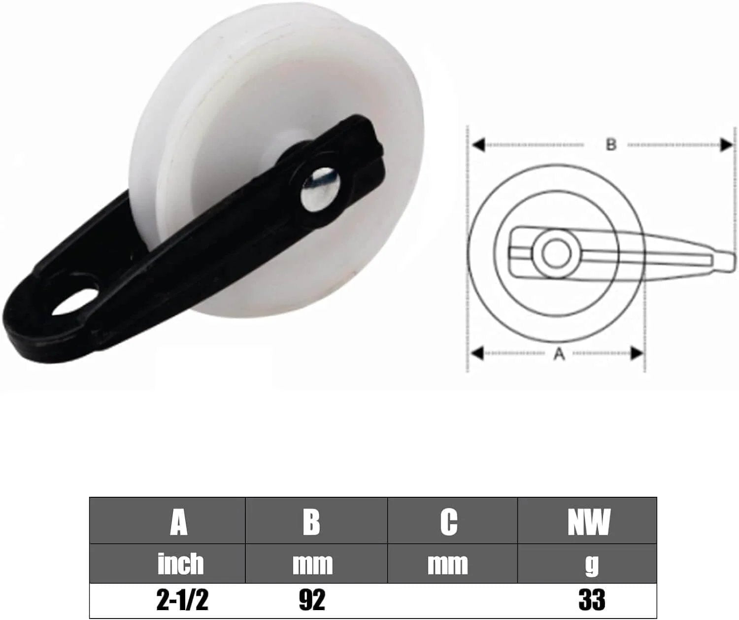 Diagram and front view of Nylon Clothesline Pulley 2 inch Diameter Nylon Pulley Outdoor Puller Rope Wire Rope Pulley Clothes Line Pulley Kit Clotheslines Rope Pulley (2)
