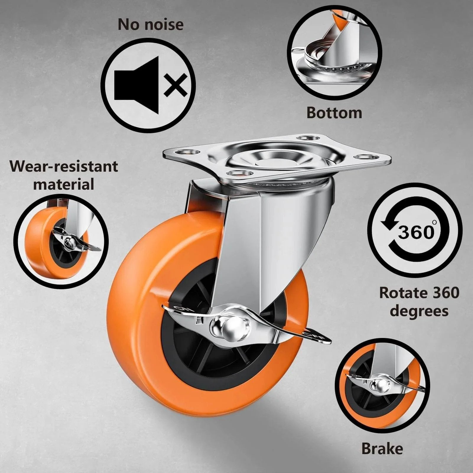 Close-up of 2 Inch Casters With Side Brake Set Of 8 Orange Polyurethane Swivel Plate Wheels highlighting features.