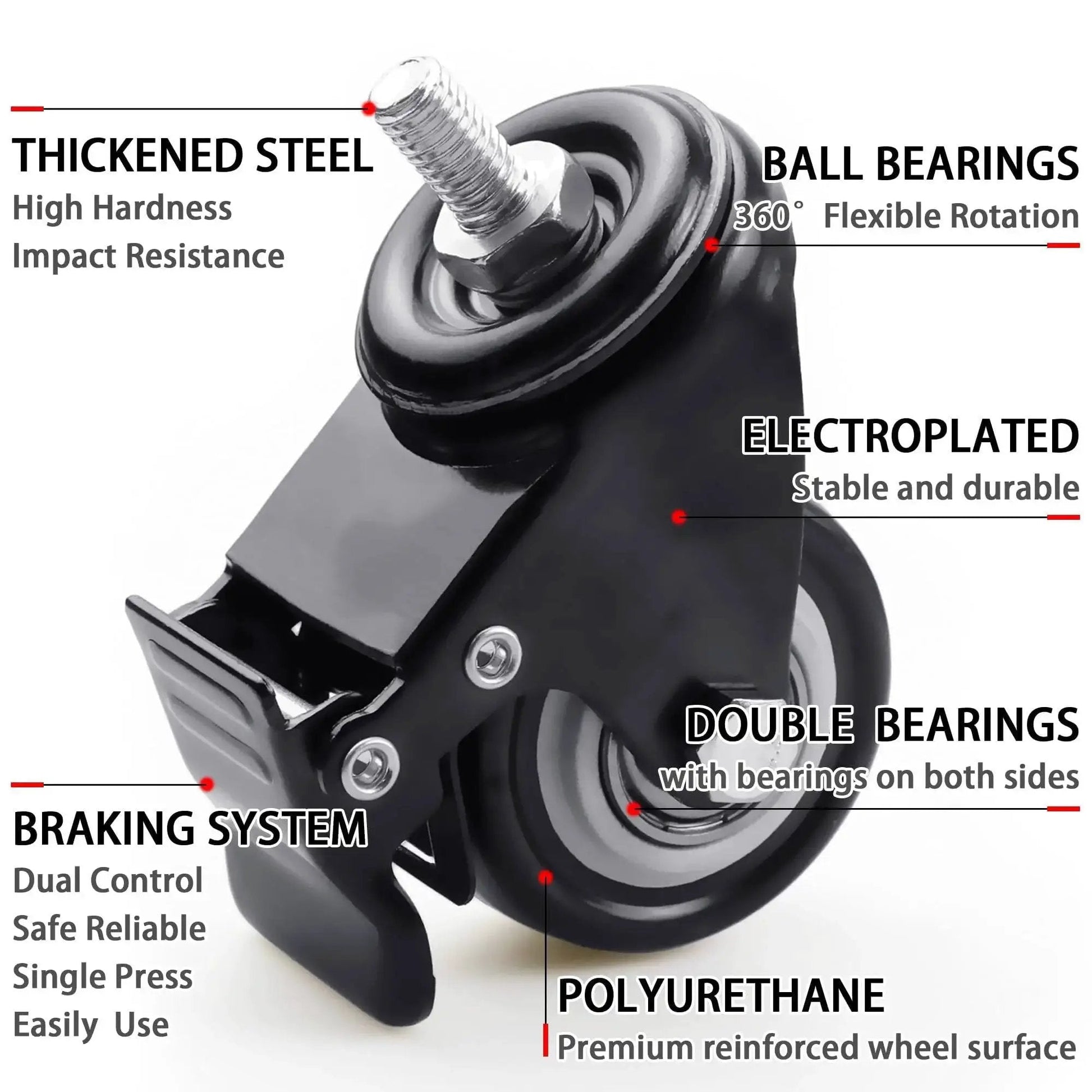 Close-up of a 2 Inch Swivel Caster Wheels Set Of 12 With M8 Threaded Stem 15mm showing steel, ball bearings, and brake system.