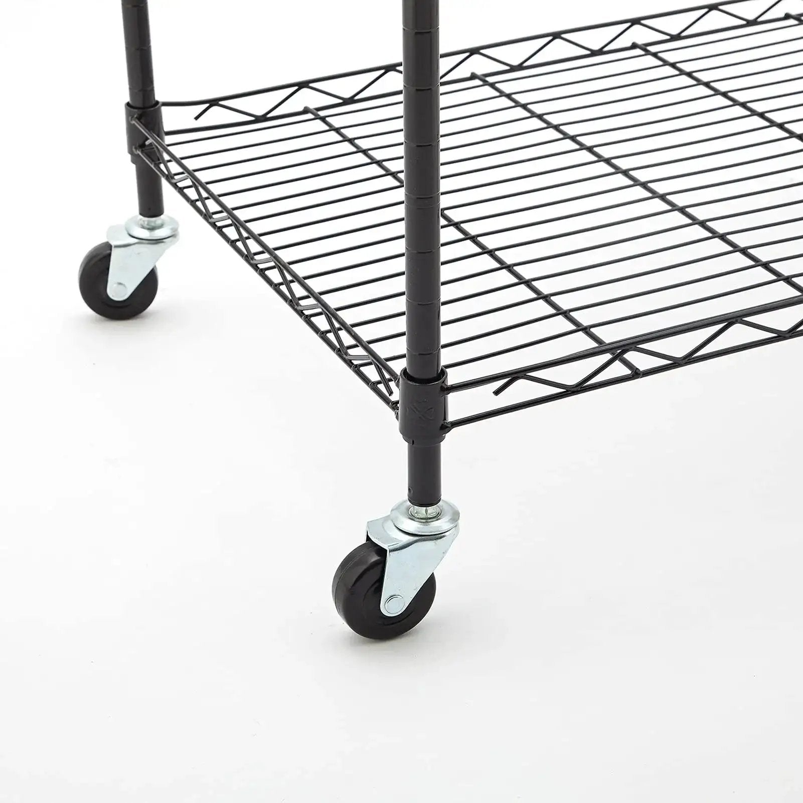 Two Inch Rubber Stem Casters For Wire Shelving And Rolling Carts Set Of Four With One Quarter Inch Threaded Stem Replacement Wheels. Close-up view of caster installed on shelving.