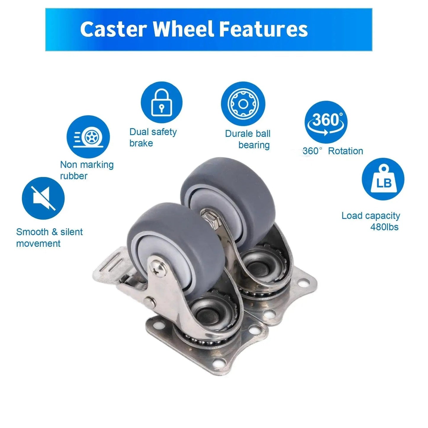 2 Inch Stainless Steel Caster Wheels Set Of 4 With Brakes, Anti Rust Swivel Casters, Silent Non Marking TPR Wheels For Furniture