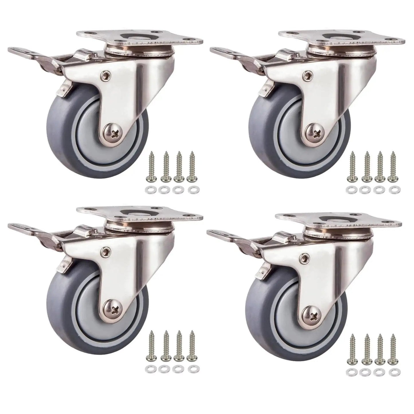 2 Inch Stainless Steel Caster Wheels Set Of 4 With Brakes, Anti Rust Swivel Casters, Silent Non Marking TPR Wheels