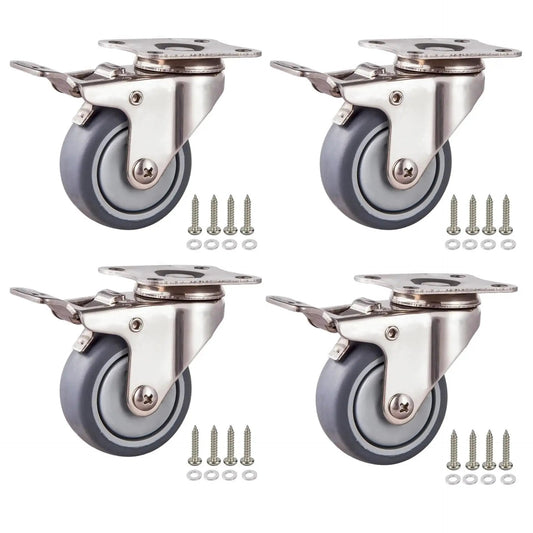 2 Inch Stainless Steel Caster Wheels Set Of 4 With Brakes, Anti Rust Swivel Casters, Silent Non Marking TPR Wheels